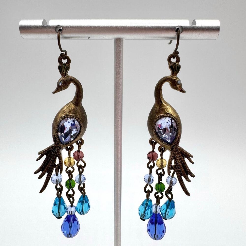 Peacock Earrings Blue Rhinestone Jewel Tone Briolette Drops Exotic Ethereal